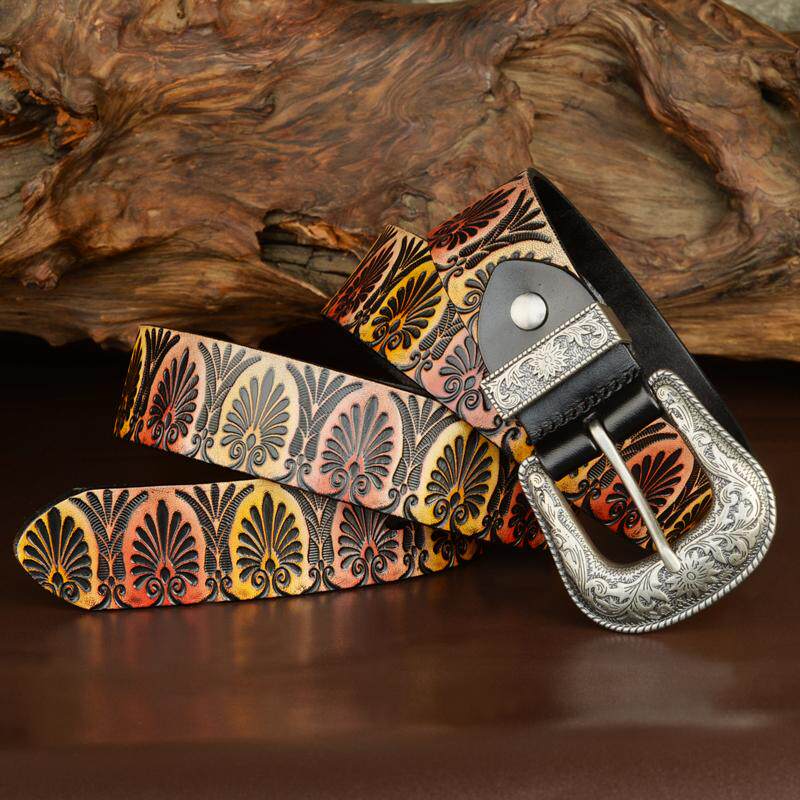 复古植鞣皮压花皮带男士头层牛皮牛仔裤带雕花针扣头个性皮带彩色