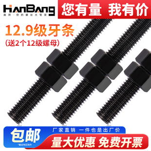 12.9级高强度牙条发黑碳钢丝杆螺杆螺母套装全螺纹螺栓通丝6M8M10