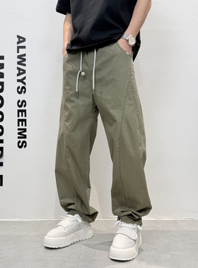 春季男装简约运动风宽松直筒休闲裤男军绿色痞帅百搭长裤男士潮流