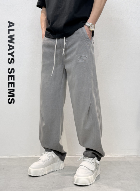 休闲风卫裤男士宽松直筒卫裤男灰色抽绳休闲裤运动裤潮流薄款长裤