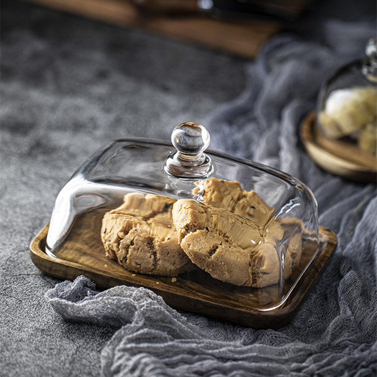 新款轻奢木质牛油碟玻璃盖奶酪盒黄油芝士点心盘蛋糕甜品台展示架