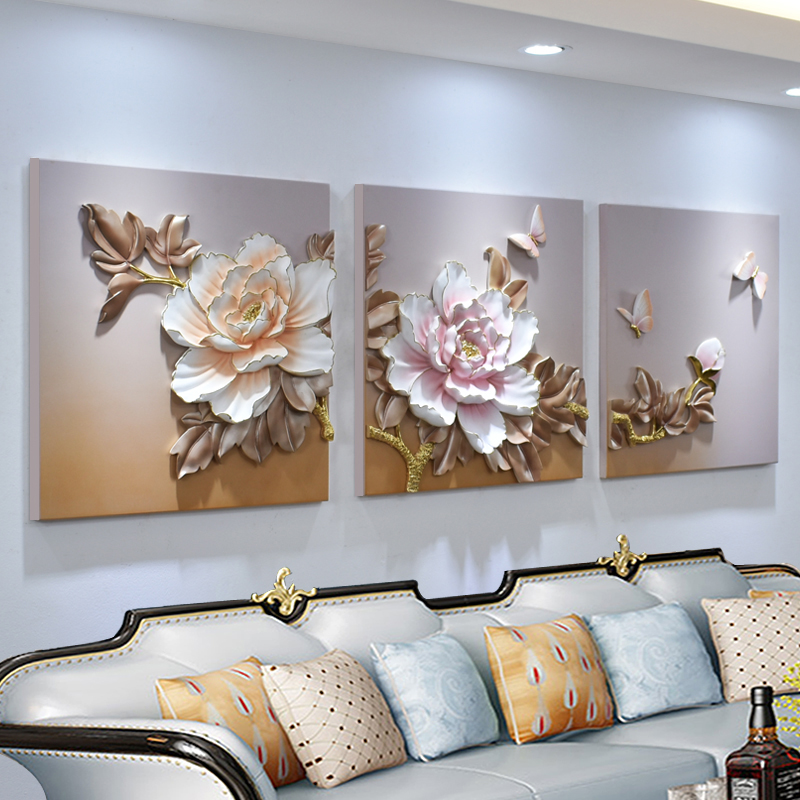 新中式客厅现代装饰画沙发背景墙壁牡丹挂画3d立体卧室餐厅浮雕画图片