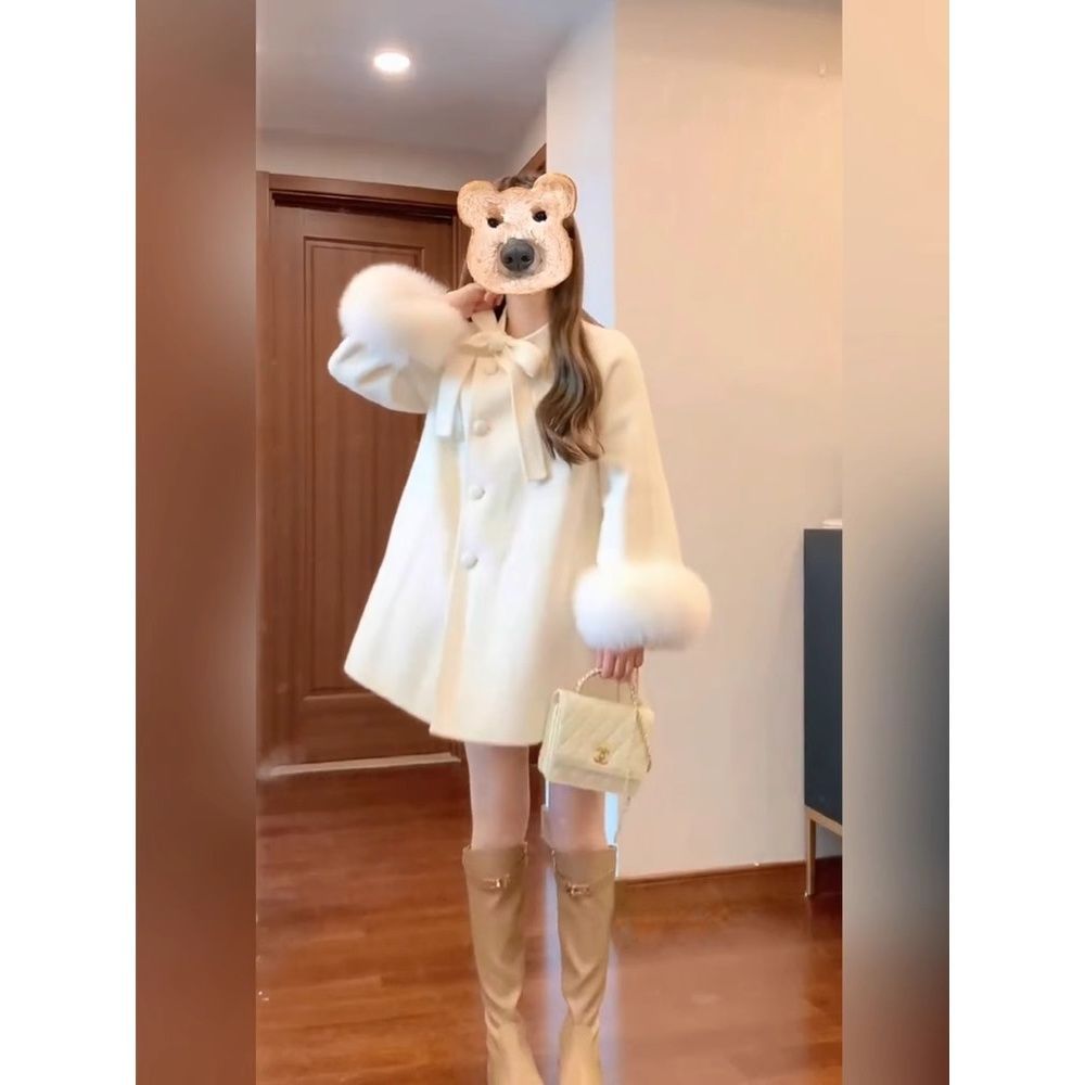 富家千金蝴蝶结毛呢外套女秋冬季感温柔气质毛毛袖双面呢大衣