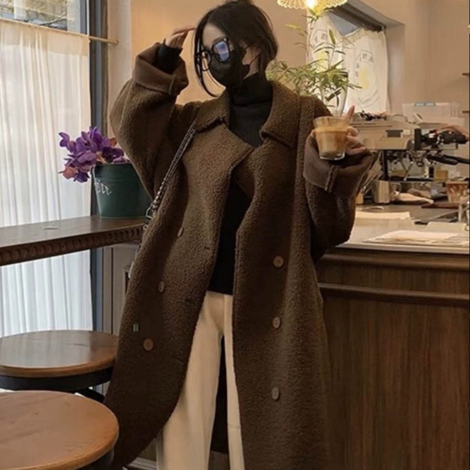 美拉德棕色羊羔毛外套女2024年冬季皮毛一体加厚中长款仿皮草大衣