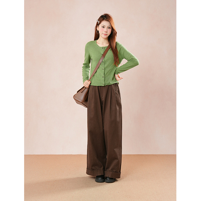 韩系复古绿色针织开衫上衣女秋季2025新款小个子圆领宽松毛衣外套