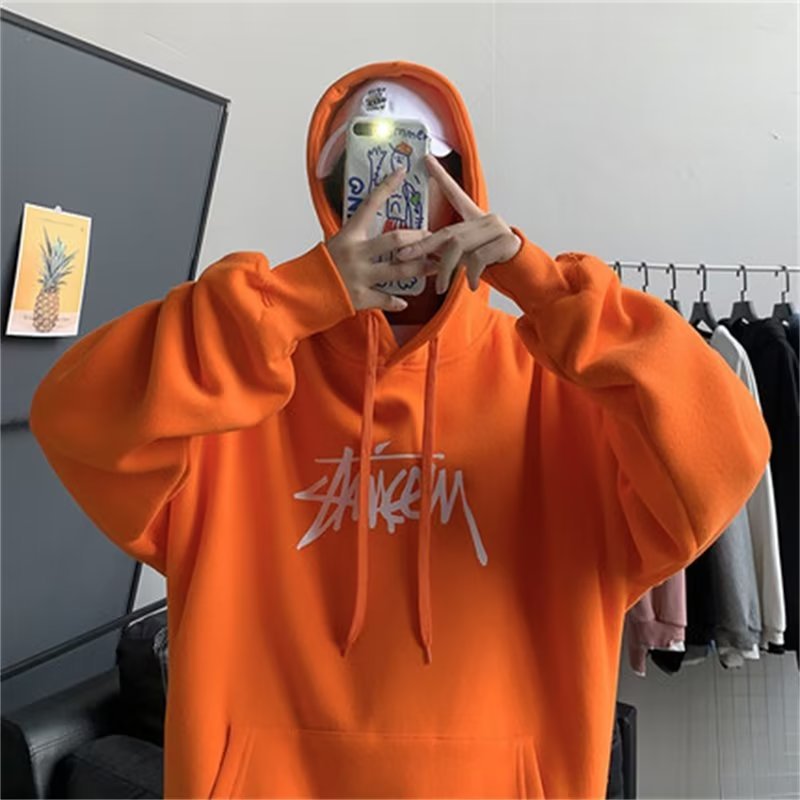 加绒连帽卫衣男秋冬款潮流字母印花宽松炸街上衣潮牌港风情侣外套