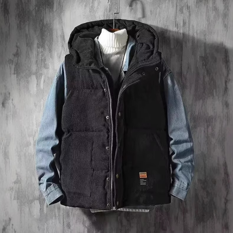 秋冬灯芯绒马甲男外套韩版潮流无袖保暖背心坎肩带帽冬季马夹连帽