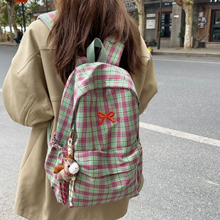 韩系格子书包ins少女软妹大学生小众设计可爱中小学生轻便双肩包