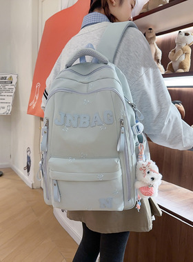 新款书包高颜值学院风in奶蓝色刺绣蝴蝶结初高中学生多隔层双肩包