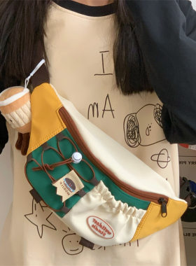 日系原宿胸包女复古撞色斜挎包
