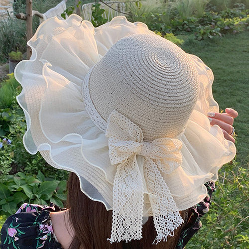 草帽女夏天沙滩海边防晒大檐遮阳帽出游防紫外线网纱拍照太阳帽子