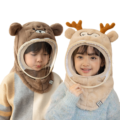 冬季儿童帽子女童带面罩挡风遮脸套头帽男孩加绒保暖围脖一体连帽