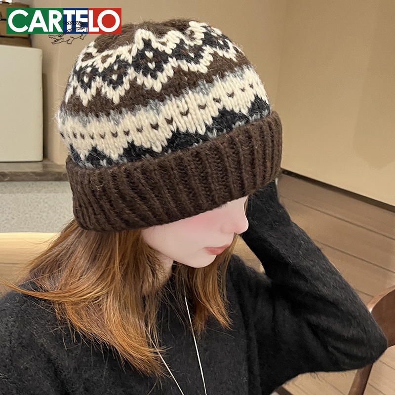 卡帝乐鳄鱼针织帽子女秋冬布标复古费尔岛风氛围感保暖冷帽毛线帽