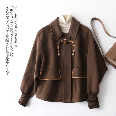 今年流行特惠针织罗纹袖短款牛角扣双面羊绒大衣小个子2024宽松