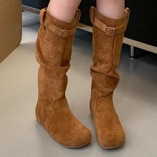 今年流行特惠羊皮版复古高筒内增高长靴女秋冬两穿堆堆靴平底西部