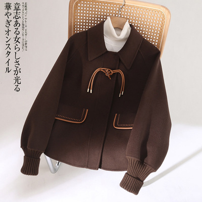 今年流行特惠针织罗纹袖短款牛角扣双面羊绒大衣小个子2025宽松