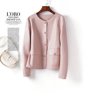 今年流行特惠海宁皮夹克女真皮外套短款圆领粉色减龄绵羊皮秋冬