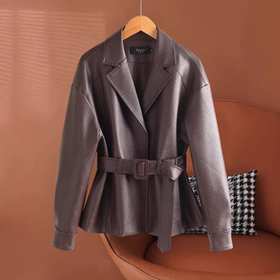 今年流行特惠棕咖色西装领眞皮衣外套女2026春秋季新款小个子短款