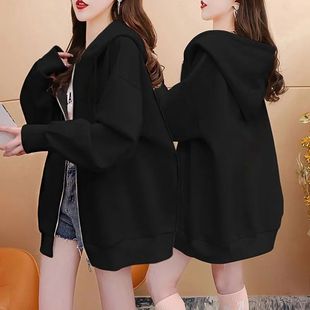 韩版 外套春秋季 百搭连帽卫衣ins潮 女装 300斤胖妹妹宽松显瘦中长款