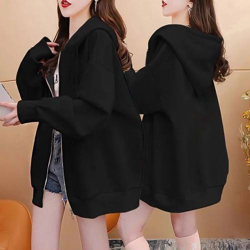 300斤胖妹妹宽松显瘦中长款女装外套春秋季韩版百搭连帽卫衣ins潮