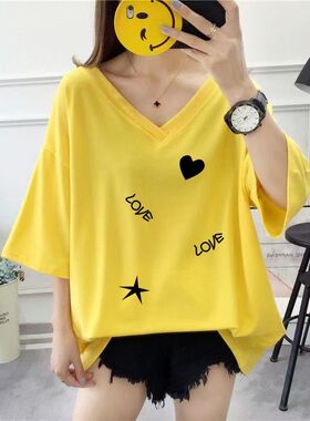 300斤胖mm夏季宽松显瘦短袖t恤240加肥加大200露背双V领女装上衣