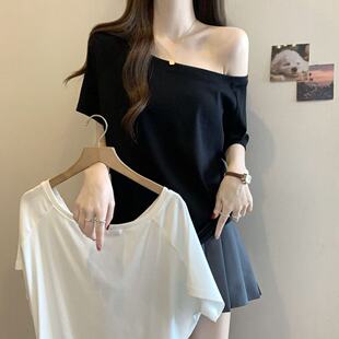 t恤240加肥加大一字肩上衣200露肩女装 夏季 300斤胖mm宽松显瘦短袖