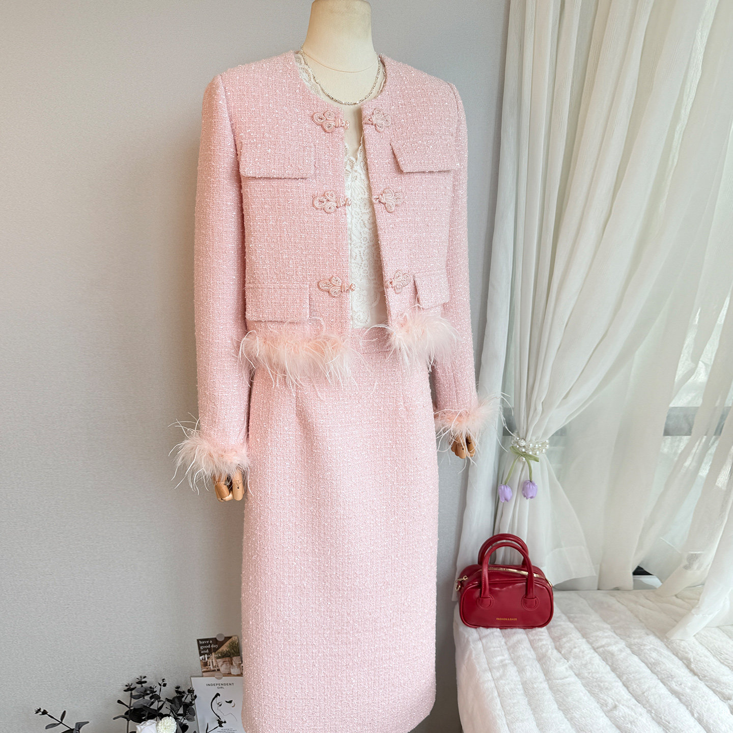 高定小香风羽绒服套装女冬季2025新款中式盘扣名媛气质羽毛两件套,女装/女士精品,时尚套装,淘宝优惠券,粉丝福利购,淘宝优惠卷