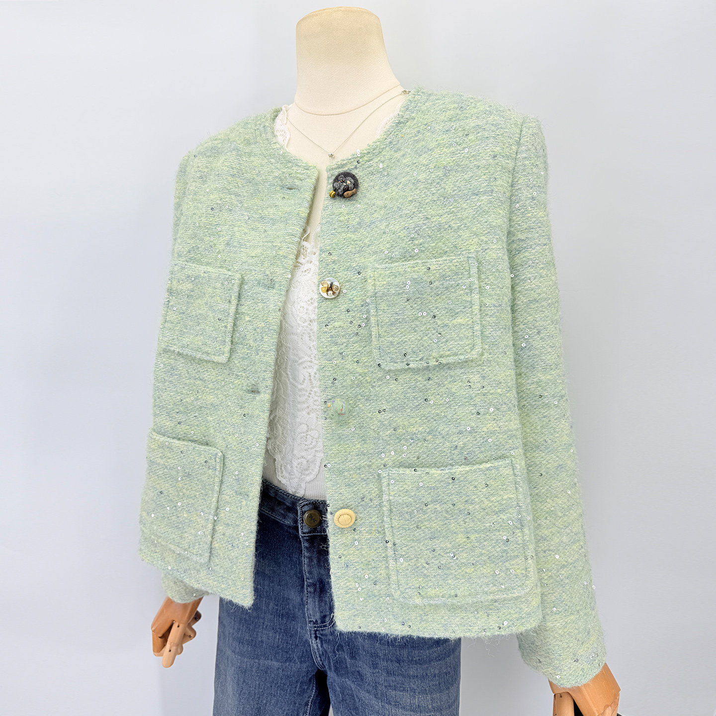 洋气亮片浅绿色小香风羽绒服女