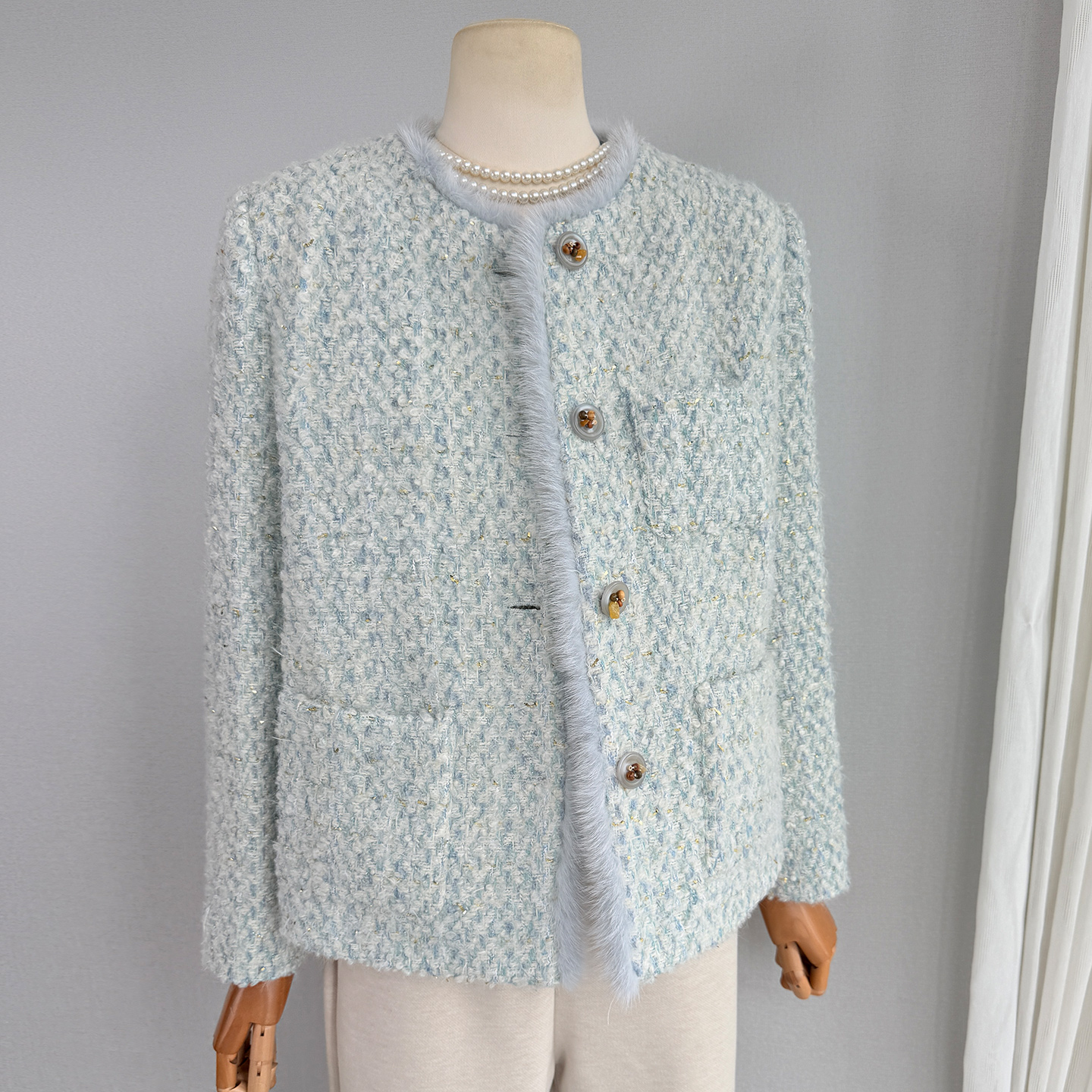 高定水貂毛浅蓝色小香风羽绒服女