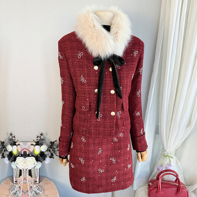 喜庆红色蝴蝶结绒服套装两件套