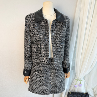 时尚亮片小香风接羽绒套装女2025冬季新款翻领气质修身半裙两件套