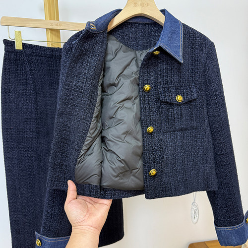 小香风羽绒服套装外套半身裙女