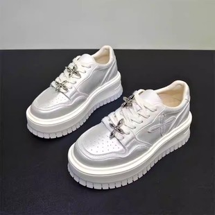 休闲运动板鞋 女6cm水钻增高松糕鞋 潮 真皮厚底小白鞋 2025春秋新款