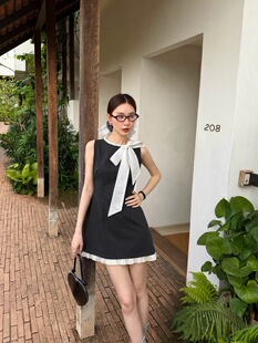 ZY GODDESS优雅赫本重工珍珠蝴蝶结系带拼接压褶短裙连衣裙女