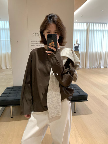 Hers简约风纯色圆领长袖T恤女宽松显瘦百搭上衣女气质