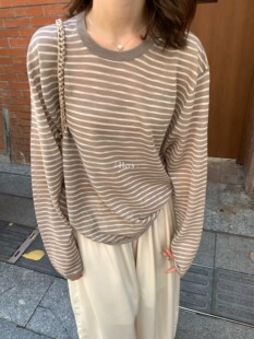 Hers韩系简约百搭气质圆领条纹长袖T恤女26春季新款宽松上衣