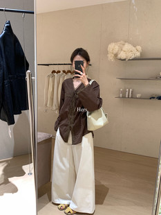 设计感苎麻女法式 Hers韩系V领系带蕾丝拼接长袖 新款 夏季 上衣 衬衫