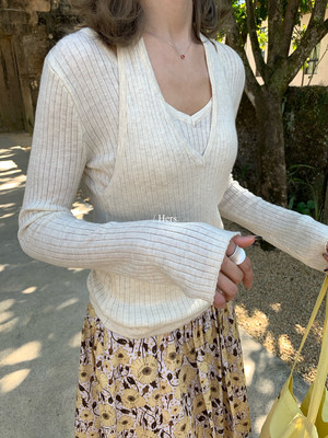 Hers简约日常休闲百搭挂脖背心+长袖T恤两件套女26春季新款套装