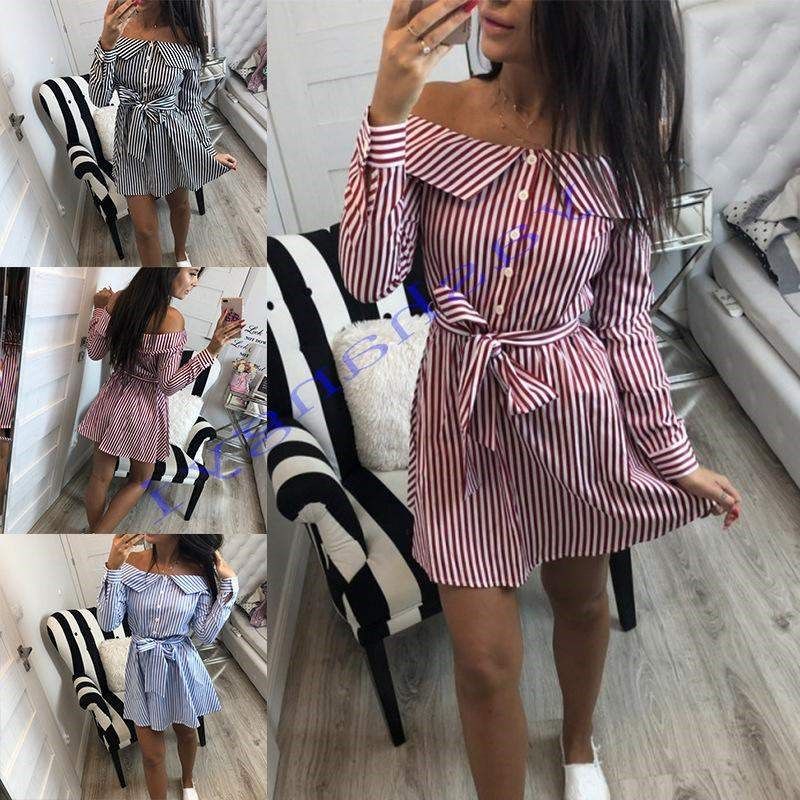 一字领条纹长袖衬衫连衣裙Striped Long Sleeve Shirt Dress|ruв категории Женская одежда, юбка - от Buy2taobao.com для оказания профессиональной услуги покупки агента Taobao