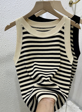 条纹冰丝针织吊带小背心女2025新款夏季无袖修身西装内搭打底上衣