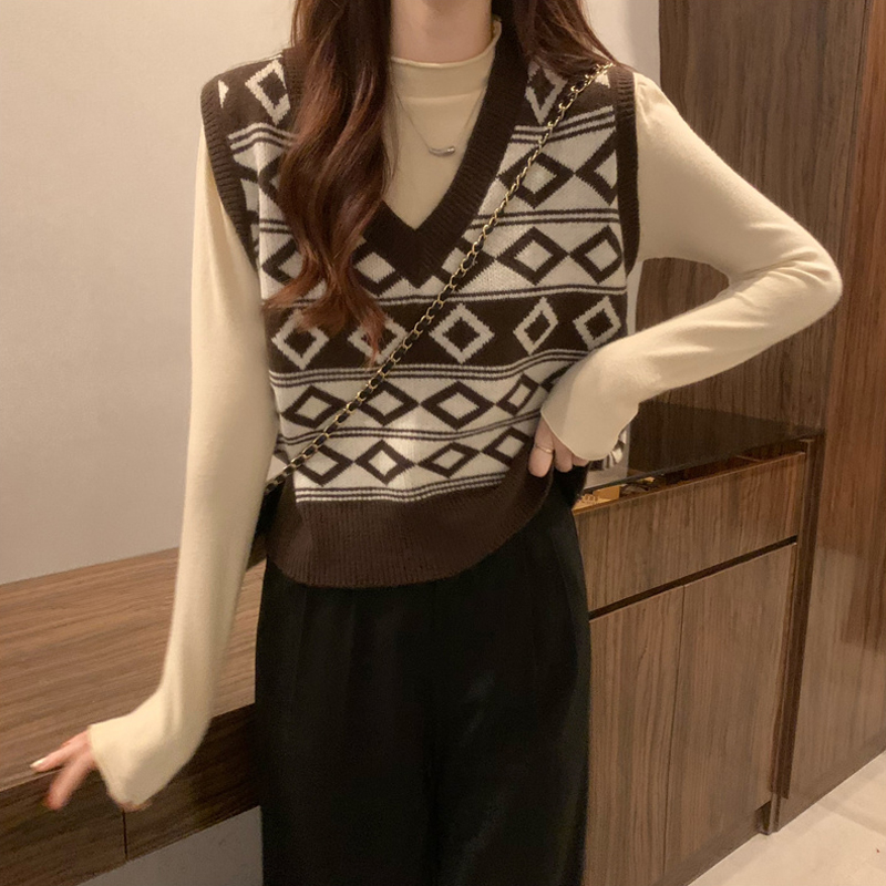 格子毛衣马甲女背心针织小马夹