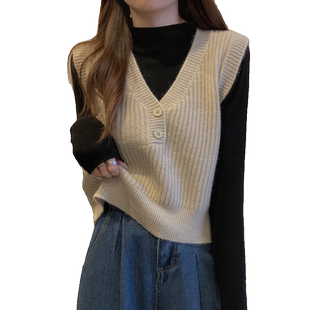 设计感v领针织毛衣马甲女2025新款无袖外搭背心秋季短款毛线马夹