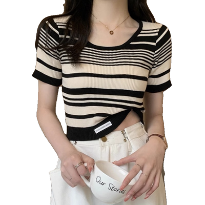 方领条纹冰丝针织衫女薄款短袖T恤2025夏季新款修身短款打底上衣