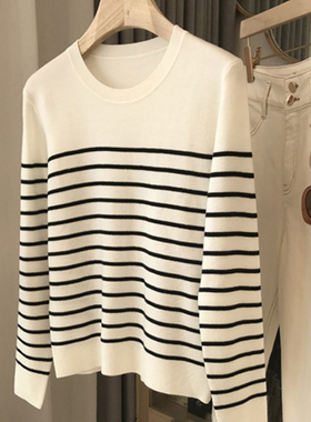 黑白条纹毛衣针织衫女秋装2025新款高级感秋冬内搭长袖上衣打底衫