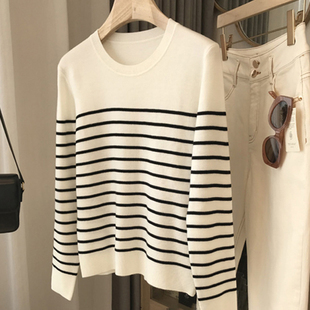 上衣打底衫 黑白条纹毛衣针织衫 高级感秋冬内搭长袖 2025新款 女秋装