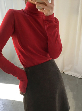 高领毛衣女打底衫薄款上衣秋装2022年新款女装内搭红色秋季针织衫