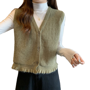 木耳边毛衣马甲开衫女2025秋季新款短款无袖针织背心外搭毛线马夹