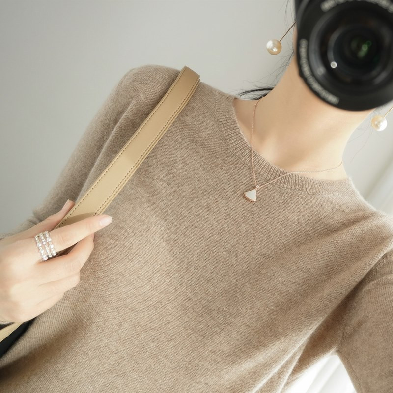 针织衫女打底衫长袖圆领纯色上衣