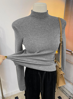 半高领修身毛衣打底衫女2025秋冬新款内搭上衣冬季灰色加绒针织衫