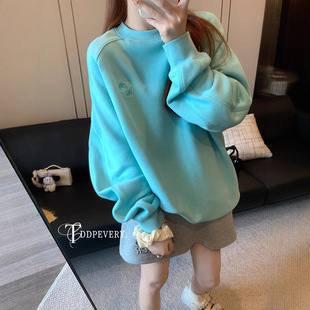 今年流行特惠TDDP浅蓝色刺绣圆领卫衣女2025新款秋冬加绒慵懒风